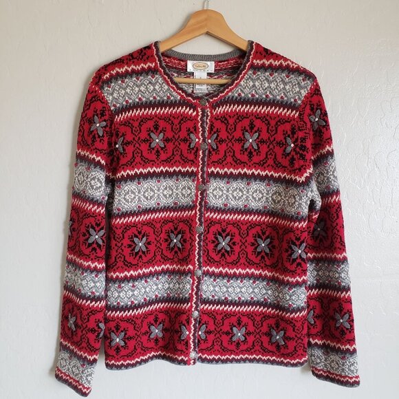 Vintage Talbots Fair Isle Nordic Cardigan Sweater Red Sz SP Cottagecore Holiday - Picture 1 of 11